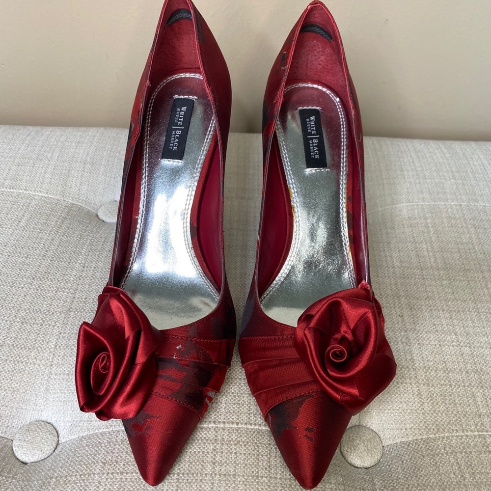 WHBM Red Satin Rose Heel Pump